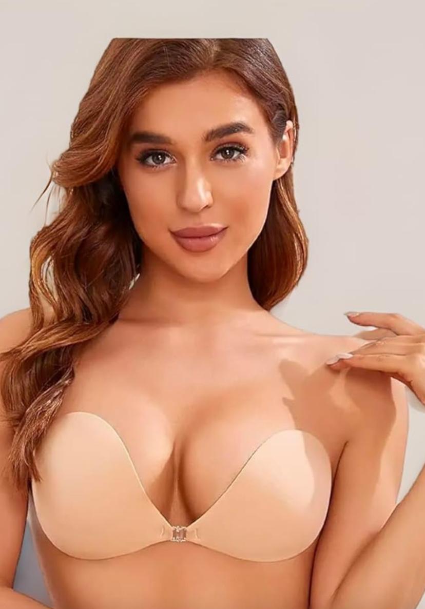 TBC strapless adhesive bra worn by a woman in nude