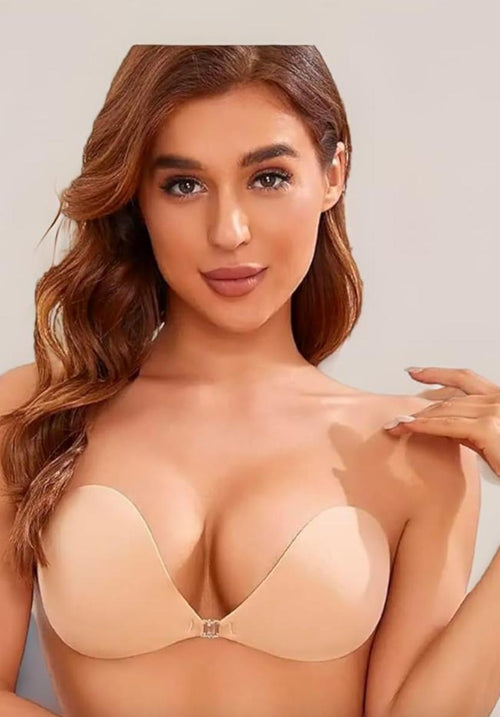 TBC strapless adhesive bra worn by a woman in nude