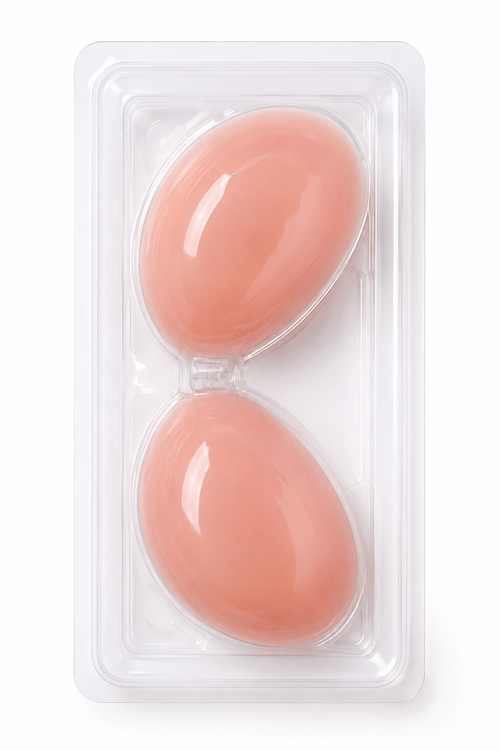 TBC silicone stick-on strapless bra with detachable transparent straps in clear packaging
